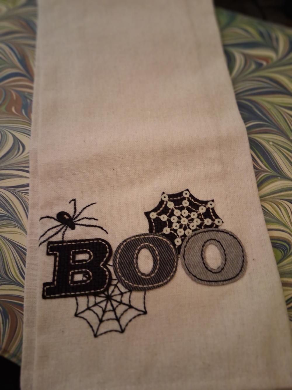 Halloween "Boo" Embroidered Hand Towel Black on Cream NWT